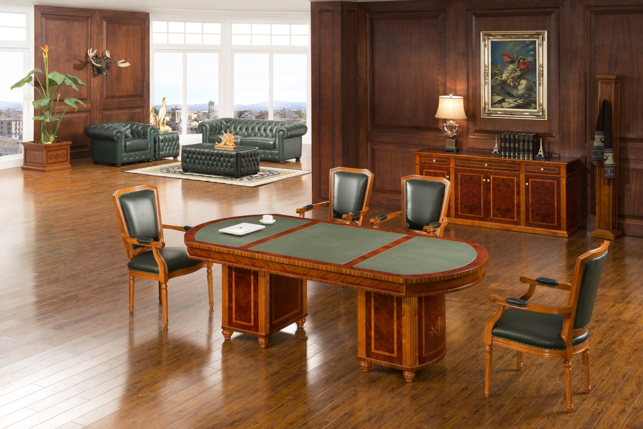 Elegant executive boardroom with warm wood and leather accents