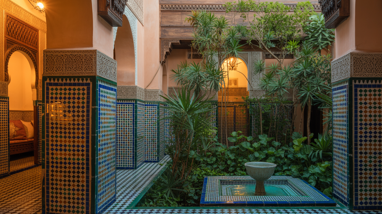 Lush Moroccan garden with blue accents and palms