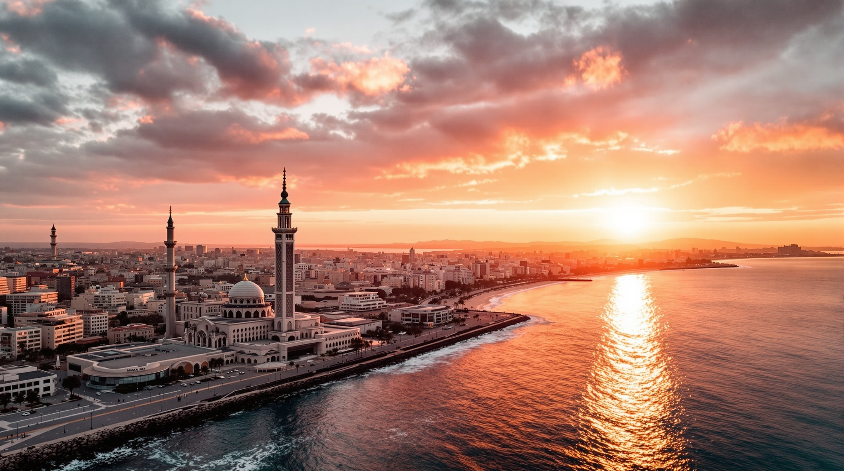 Panoramic aerial view of Casablanca coastline featuring Hassan II Mosque at golden hour